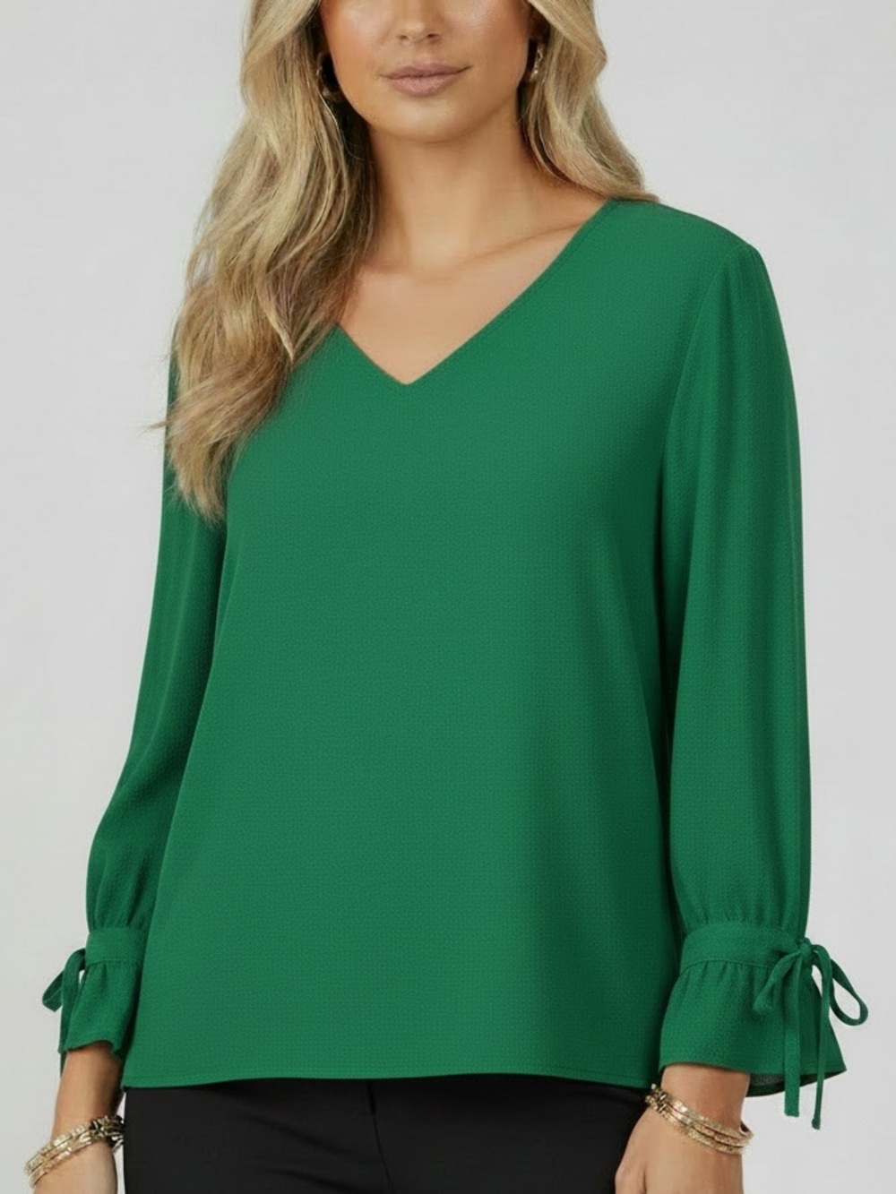 NWT CECE Green V-Neck Long Sleeve Tie Cuffs Blouse Size X-Large